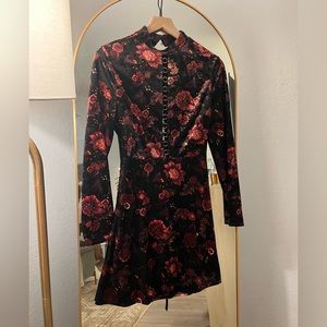 Topshop Ring Lace Up Floral Velvet Skater Dress Size 6